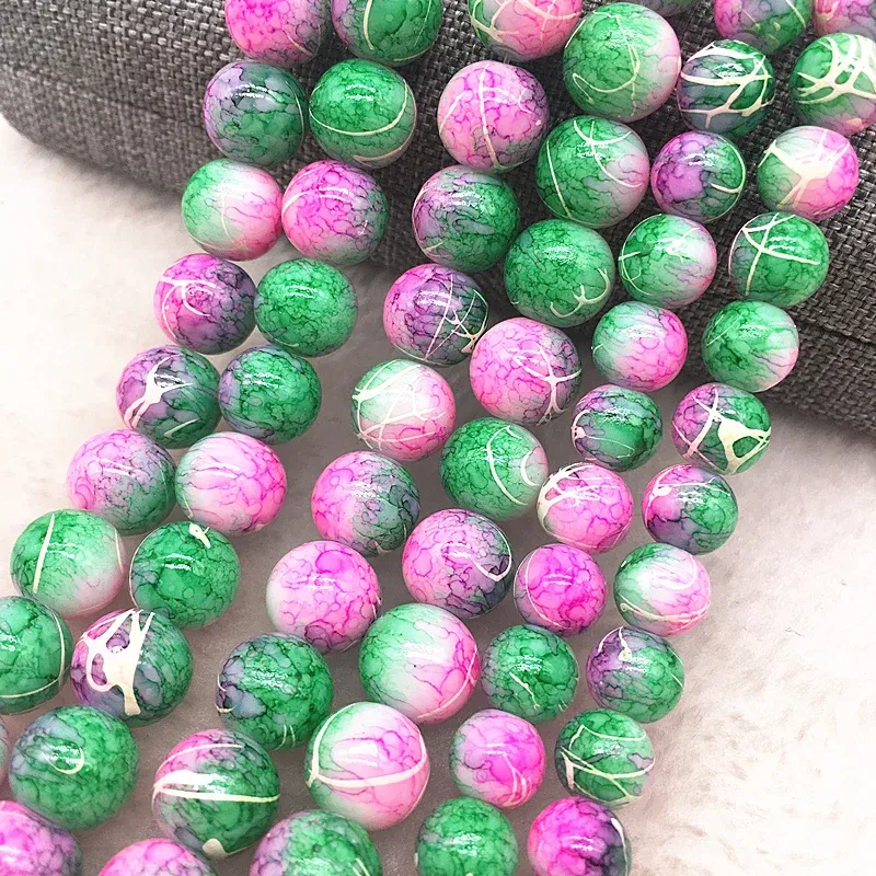 Color: Hot Pink, Item Diameter: 6mm - Wholesale 4/6/8/10mm Glass Beads Round Loose Spacer Beads Pattern For Jewelry Making DIY Bracelet Necklace