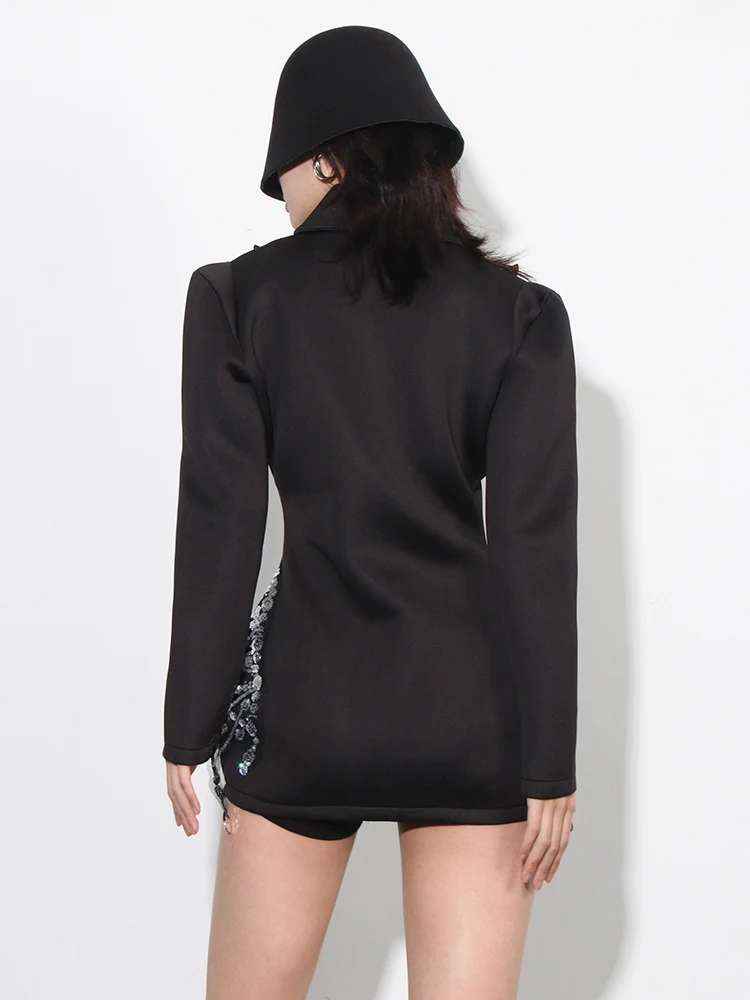 TWOTWINSTYLE Solid Spliced Diamonds Dress For Women Lapel Long Sleeve High Waist Spliced Zipper Slimming Dresses Female Style