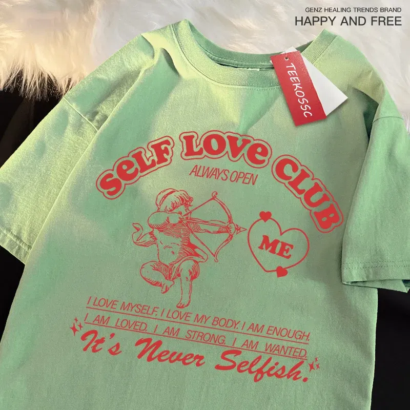 Color: Pink, Size: XL - Self Love Club Fun Cupid Men Women T Shirts Breathable Street Tee Clothes Cotton Summer Fashion Loose Casual Oversized T Shirt