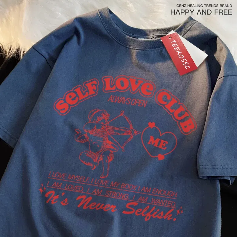 Color: Pink, Size: XL - Self Love Club Fun Cupid Men Women T Shirts Breathable Street Tee Clothes Cotton Summer Fashion Loose Casual Oversized T Shirt