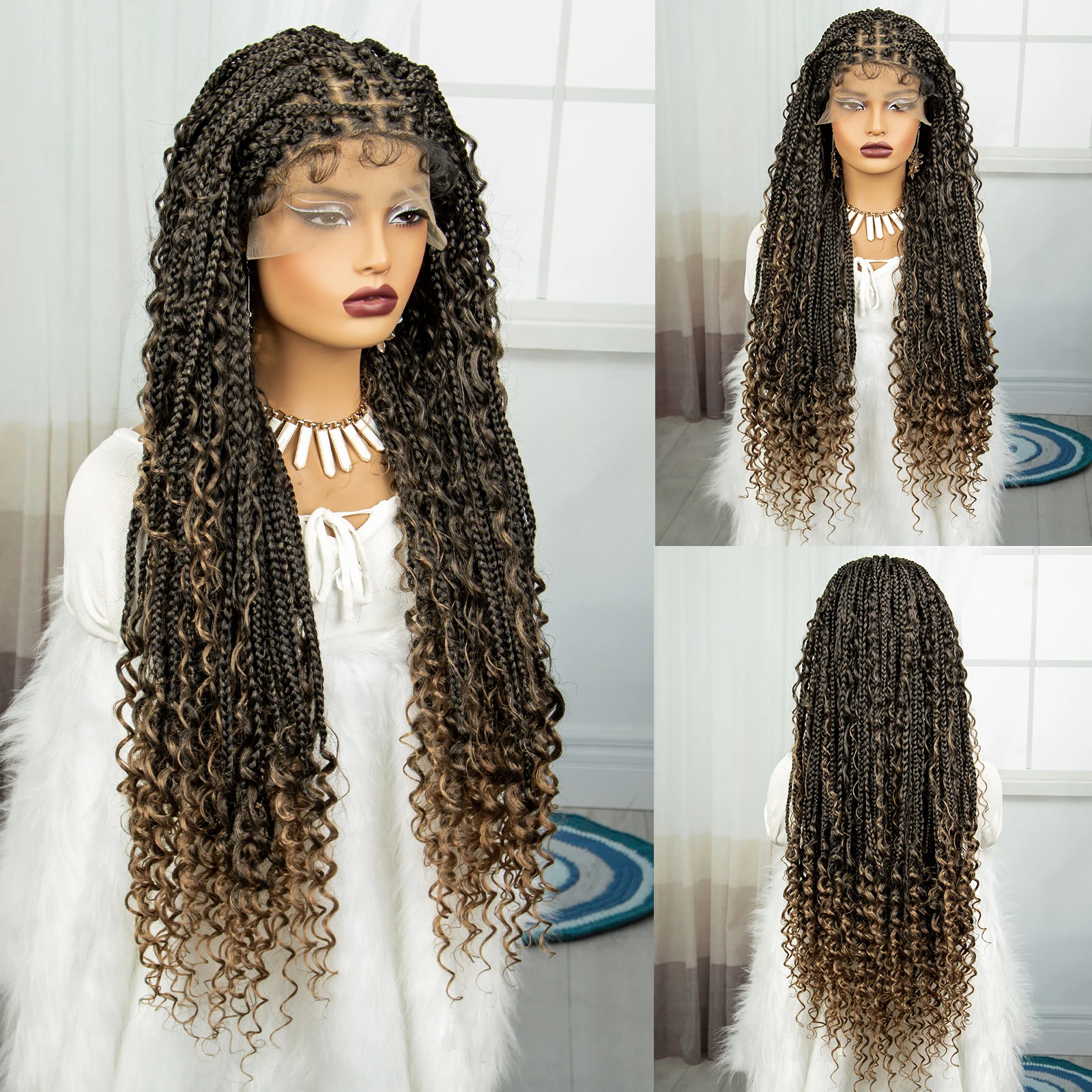 Color: #2, Ships From: CHINA, Wig Length: 36inches - 36" Knotless Box Boho Braided Wigs With Curly Ends Synthetic Lace Front Bohemian Braided Lace Wig with Baby Hair for Black Women