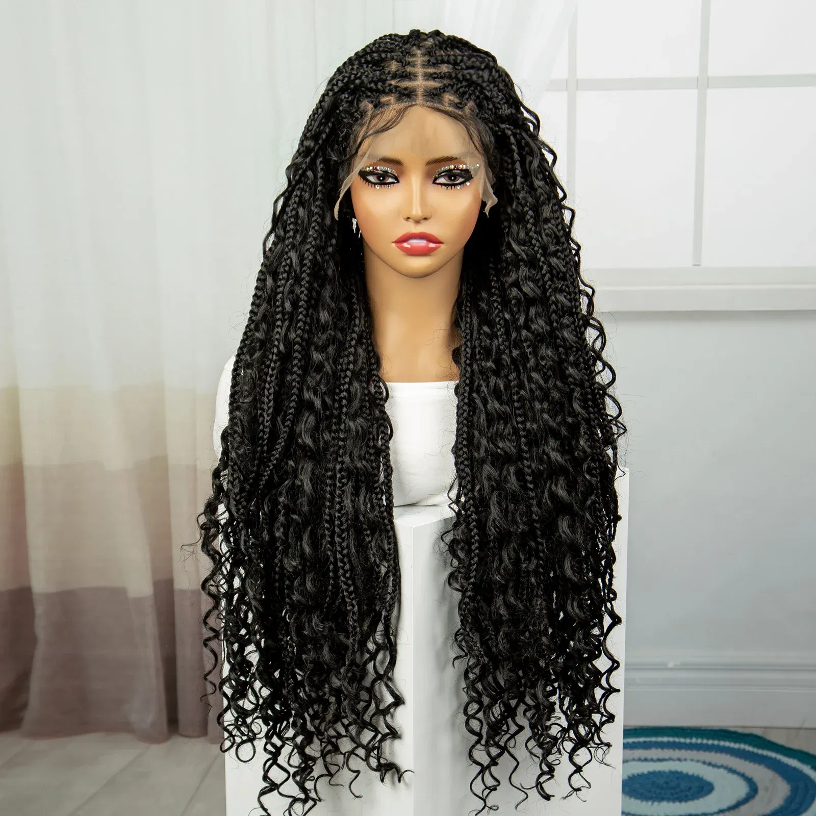 Color: #2, Ships From: CHINA, Wig Length: 36inches - 36" Knotless Box Boho Braided Wigs With Curly Ends Synthetic Lace Front Bohemian Braided Lace Wig with Baby Hair for Black Women