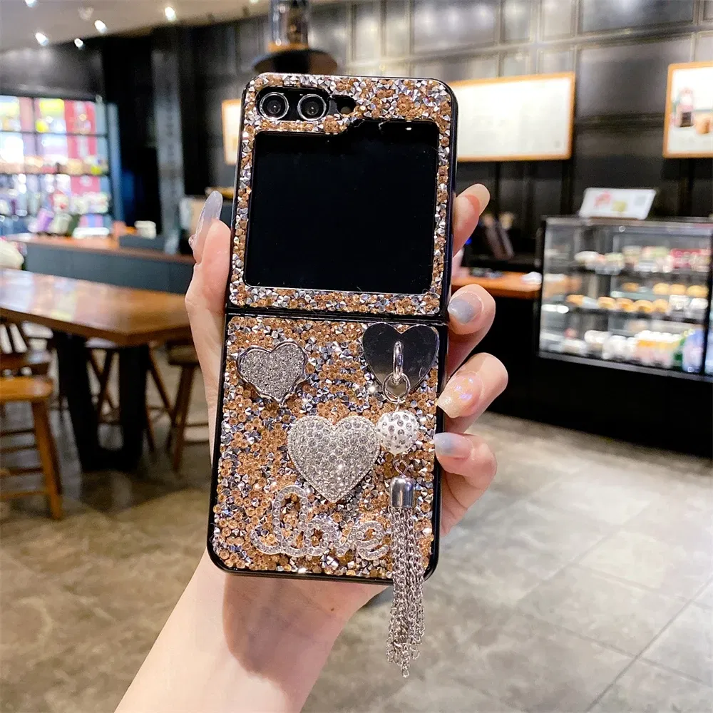Color: Silver, Material: Canvas - Luxury Heart Diamond Tassel Phone Case for Samsung Galaxy Z Flip5 Case Z Flip4 Cover Z Flip3 Capa Z Flip 5 4 3 Cover 5G
