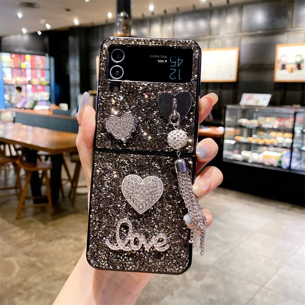 Color: Silver, Material: Canvas - Luxury Heart Diamond Tassel Phone Case for Samsung Galaxy Z Flip5 Case Z Flip4 Cover Z Flip3 Capa Z Flip 5 4 3 Cover 5G