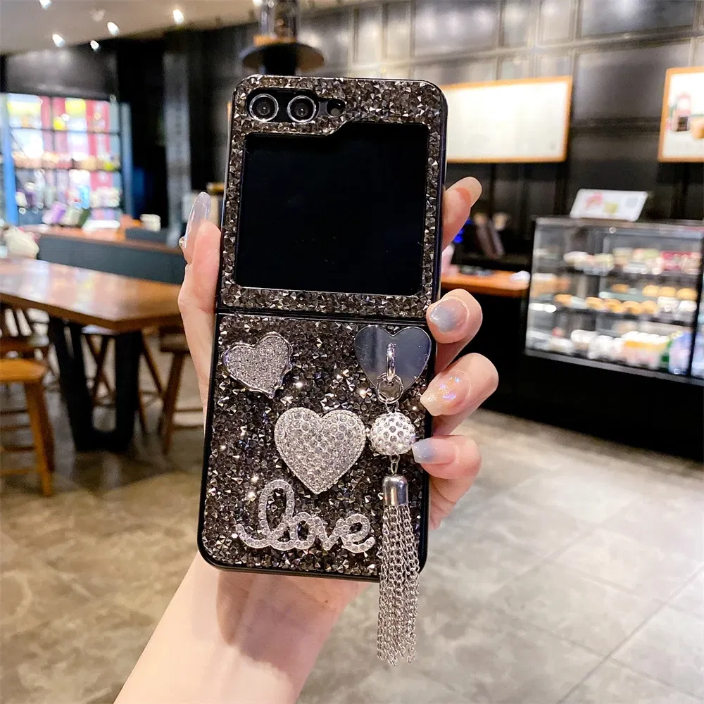 Color: Silver, Material: Canvas - Luxury Heart Diamond Tassel Phone Case for Samsung Galaxy Z Flip5 Case Z Flip4 Cover Z Flip3 Capa Z Flip 5 4 3 Cover 5G