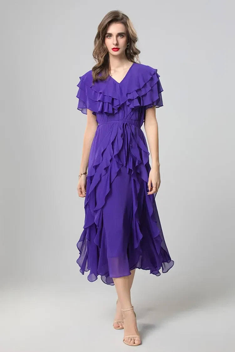 Color: Pink, Size: S, Ships From: CHINA - SEQINYY Elegant Midi Dress Summer Spring New Fashion Design Women Runway Short Sleeve Ruffles Cascading High Street Casual