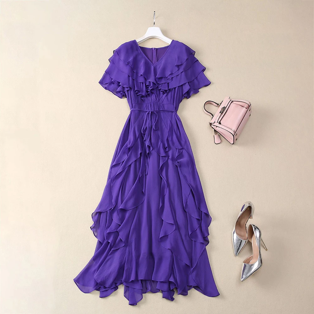 Color: Pink, Size: S, Ships From: CHINA - SEQINYY Elegant Midi Dress Summer Spring New Fashion Design Women Runway Short Sleeve Ruffles Cascading High Street Casual
