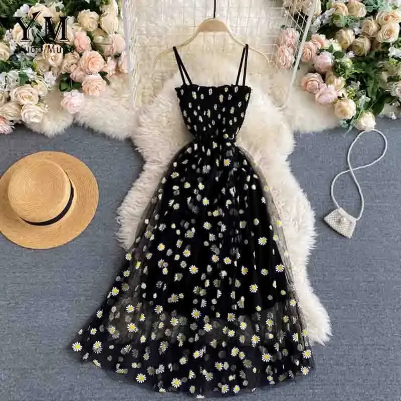 Color: black, Size: One Size - YuooMuoo Korean Fashion Daisy Flower Print Mesh Party Dress Summer Two Layers Spaghetti Strap Vacation Midi Dress Beach Vestidos