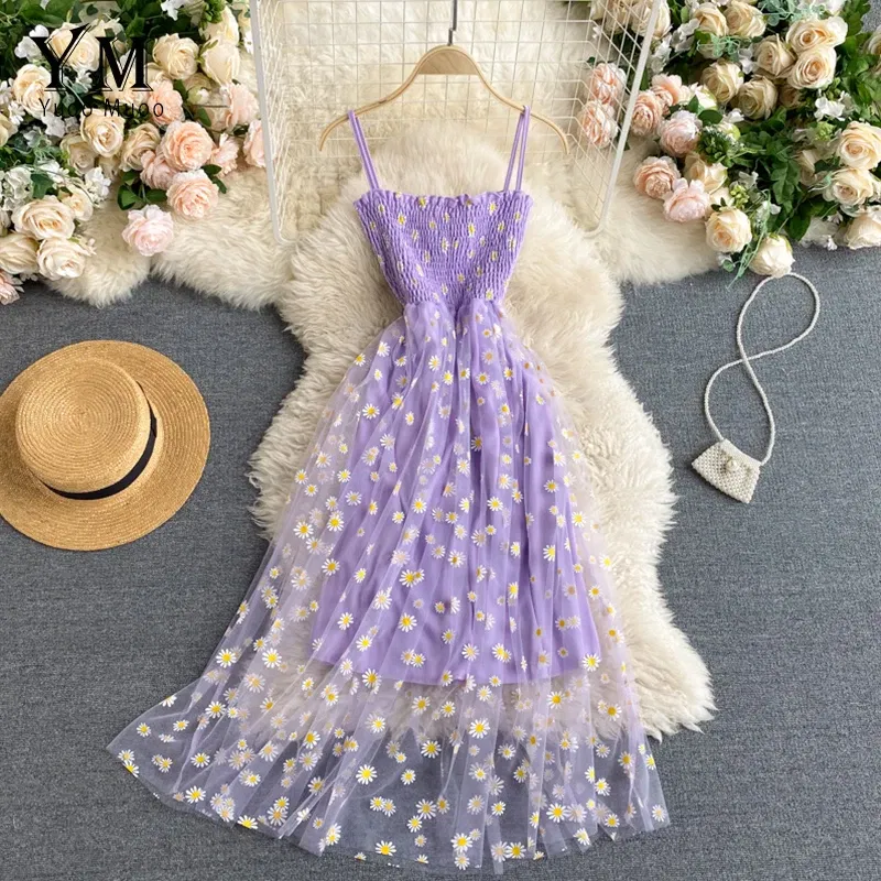 Color: black, Size: One Size - YuooMuoo Korean Fashion Daisy Flower Print Mesh Party Dress Summer Two Layers Spaghetti Strap Vacation Midi Dress Beach Vestidos