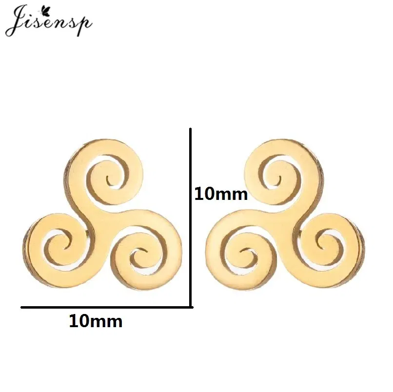 Metal Color: Light Yellow Gold Color, Main Stone Color: WHITE - Cartoon The Movie Teen Wolf Triskele Triskelion Inspired Earrings Punk Stainless Steel Jewelry Triple Spiral Ear Studs Women Men