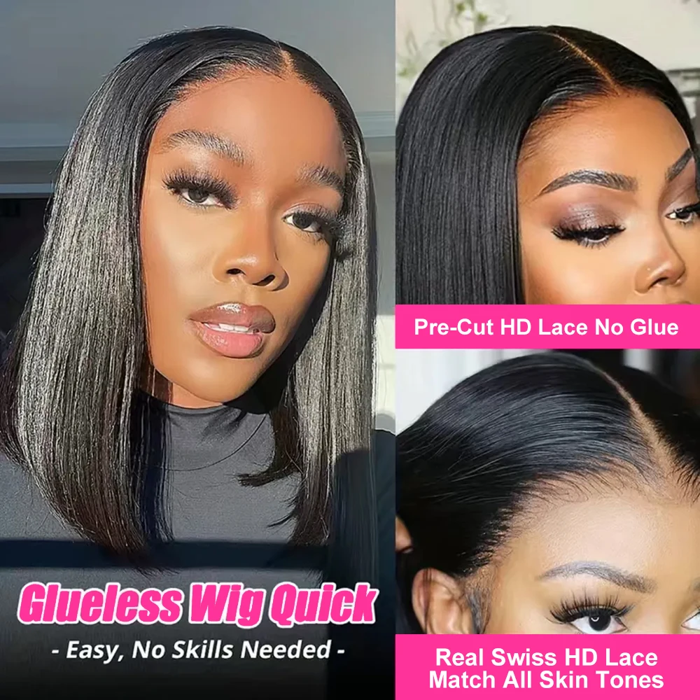 Hair Color: #1, Ships From: CHINA, Stretched Length: 8inches, Density: 150% - Wear And Go Glueless Bob Wig Human Hair 7x5 HD Lace Closure Human Hair Pre Plucked No Glue Pre Cut Ready To Wear Frontal Wig