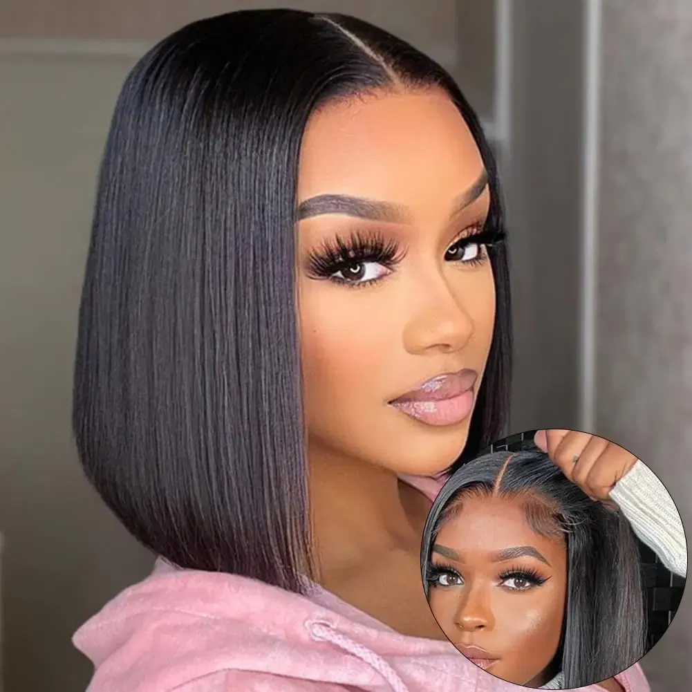Hair Color: #1, Ships From: CHINA, Stretched Length: 8inches, Density: 150% - Wear And Go Glueless Bob Wig Human Hair 7x5 HD Lace Closure Human Hair Pre Plucked No Glue Pre Cut Ready To Wear Frontal Wig