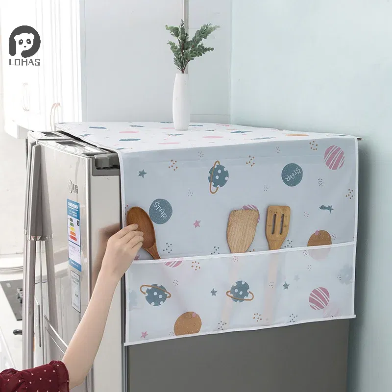 Color: light green - Refrigerator Dust Cover With Storage Bag Washable Multi-purpose Household Washing Machine Cabinet Dust Protection Cover