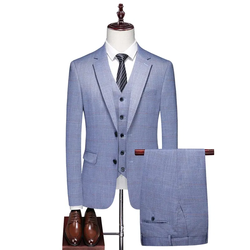 Color: Khaki, Size: S - High-End Three-Piece Men's Wedding Suit with Vest And Trousers Fashion Business Casual Groom's Dress All-In-One