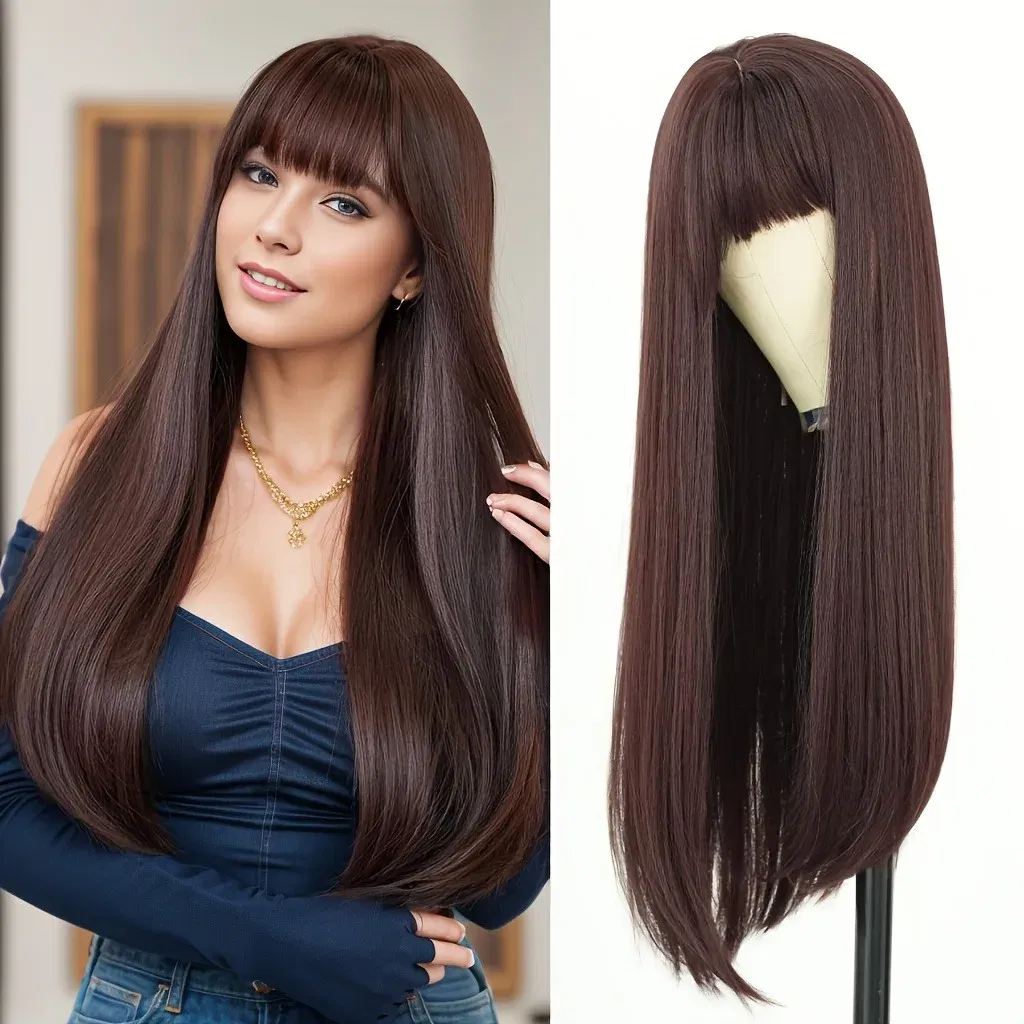 Color: T1B/33, Stretched Length: 26inches, Bulk Buy: 1pc - 26" Long Straight Synthetic Wig for Women with Bangs - Heat Resistant, Natural Soft Hair