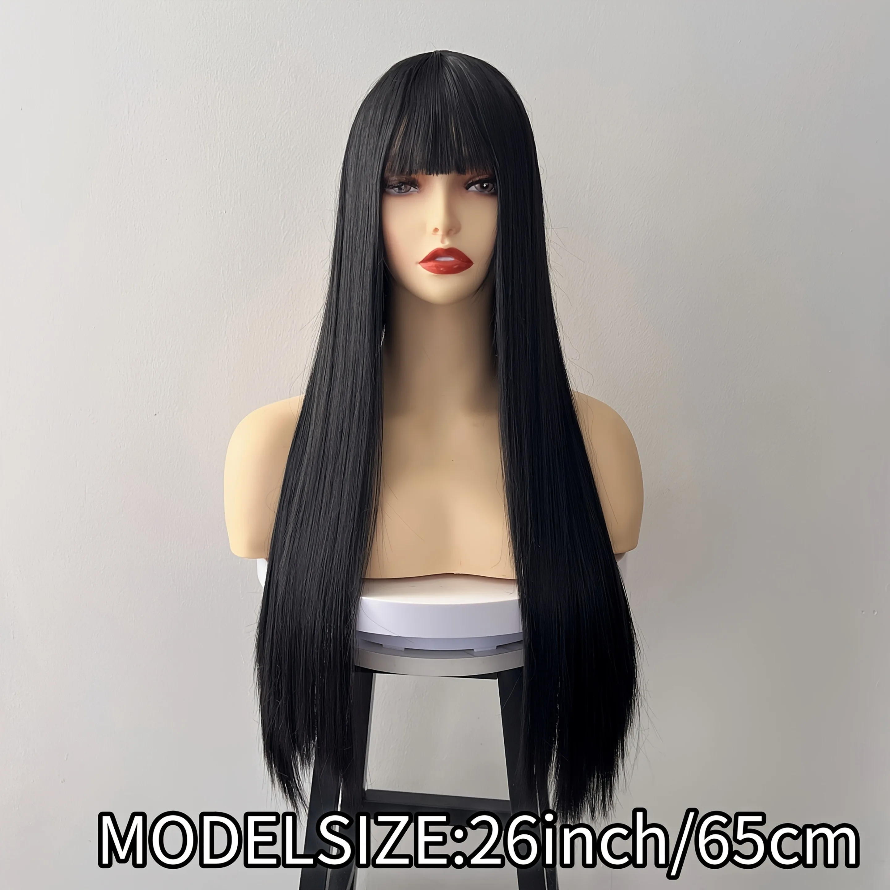 Color: T1B/33, Stretched Length: 26inches, Bulk Buy: 1pc - 26" Long Straight Synthetic Wig for Women with Bangs - Heat Resistant, Natural Soft Hair