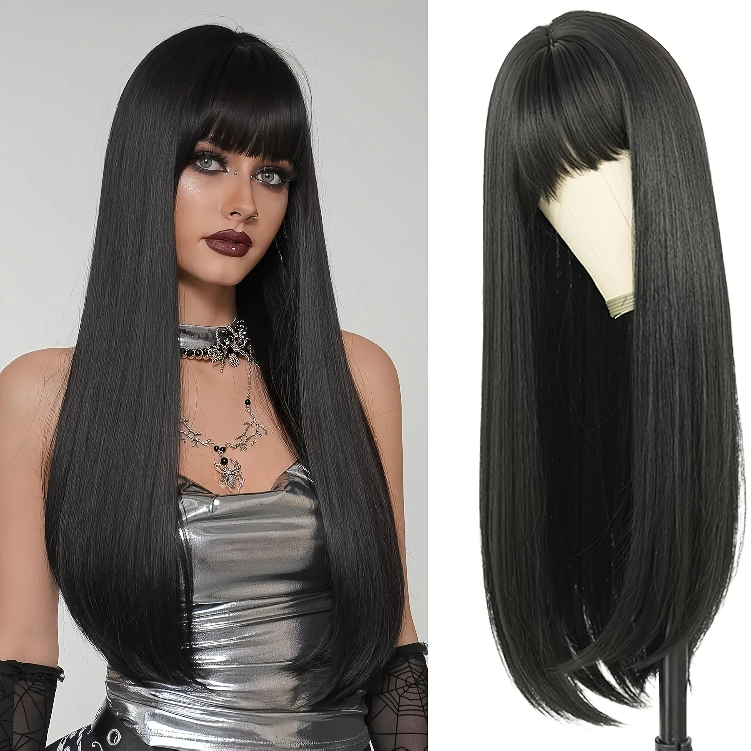 Color: T1B/33, Stretched Length: 26inches, Bulk Buy: 1pc - 26" Long Straight Synthetic Wig for Women with Bangs - Heat Resistant, Natural Soft Hair