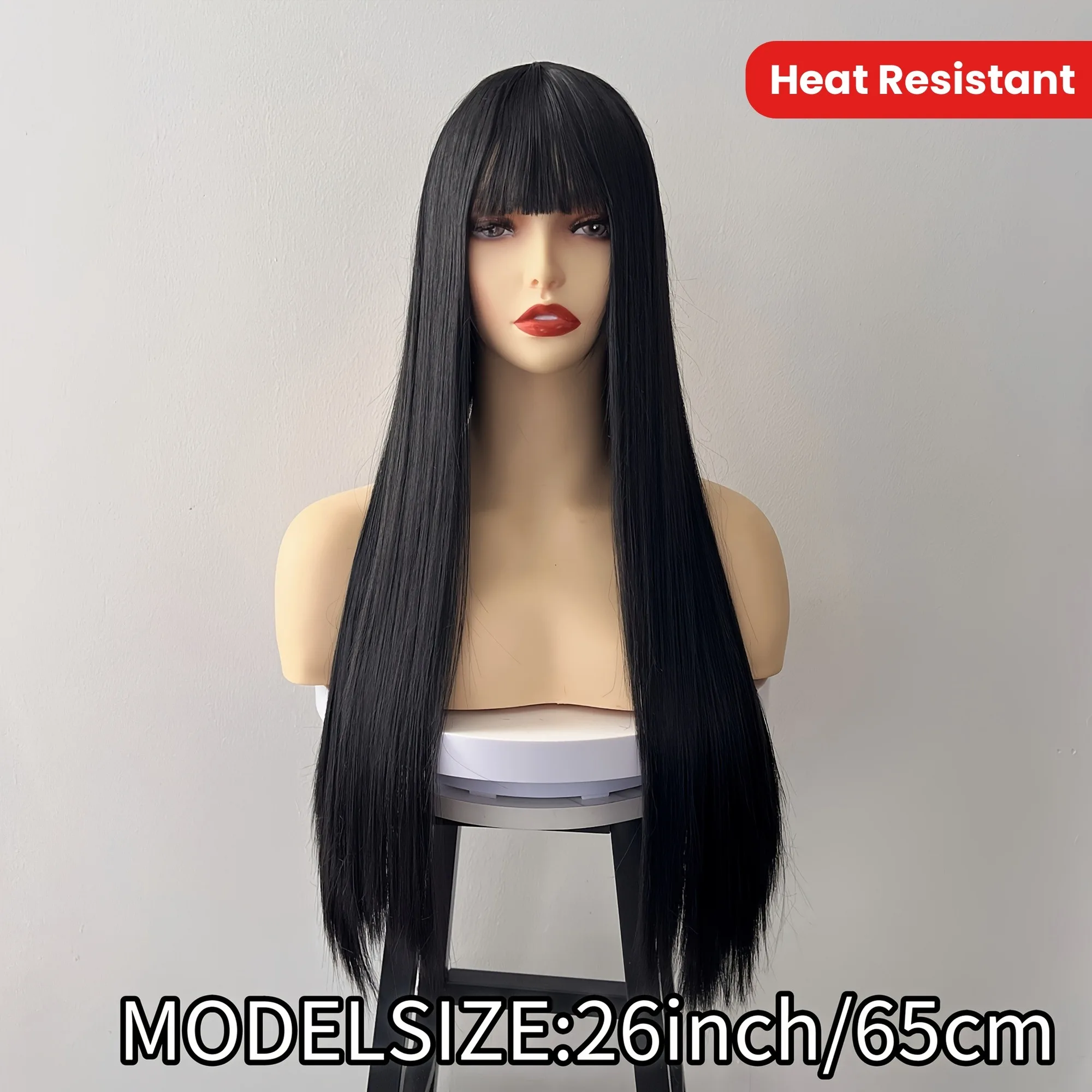 Color: T1B/33, Stretched Length: 26inches, Bulk Buy: 1pc - 26" Long Straight Synthetic Wig for Women with Bangs - Heat Resistant, Natural Soft Hair