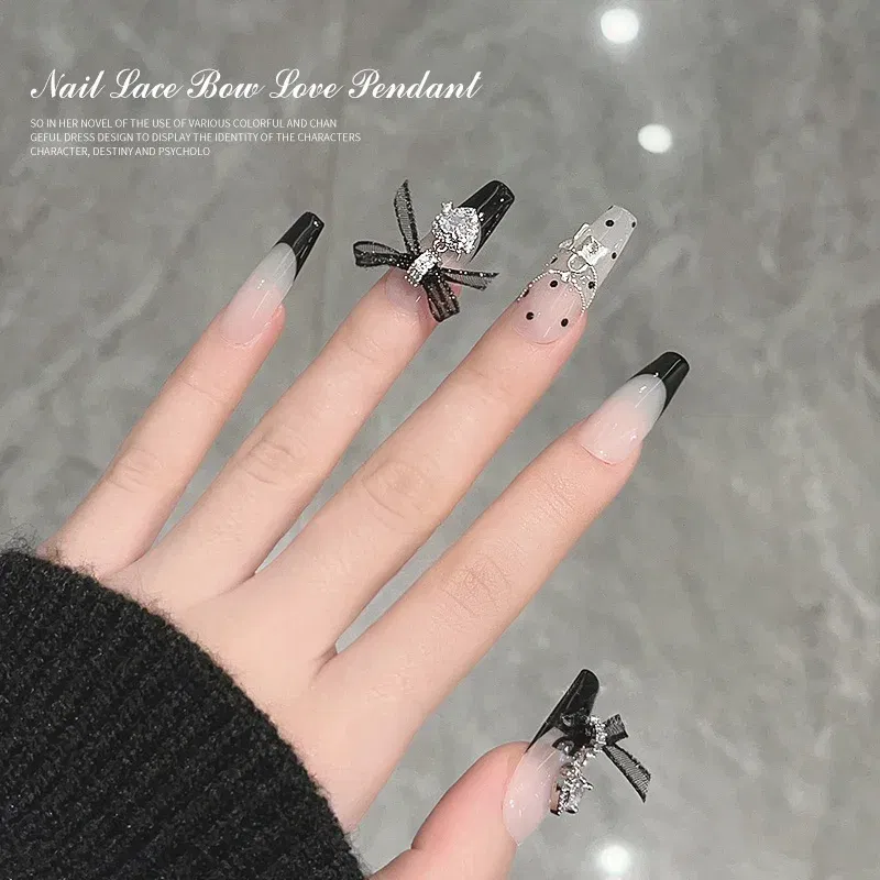 Color: Ivory - 5PCS New Metal Zircon Nail Art Accessories With Lace Bow Love Zircon Pendant Nail Charms Nail Supplies For Professionals