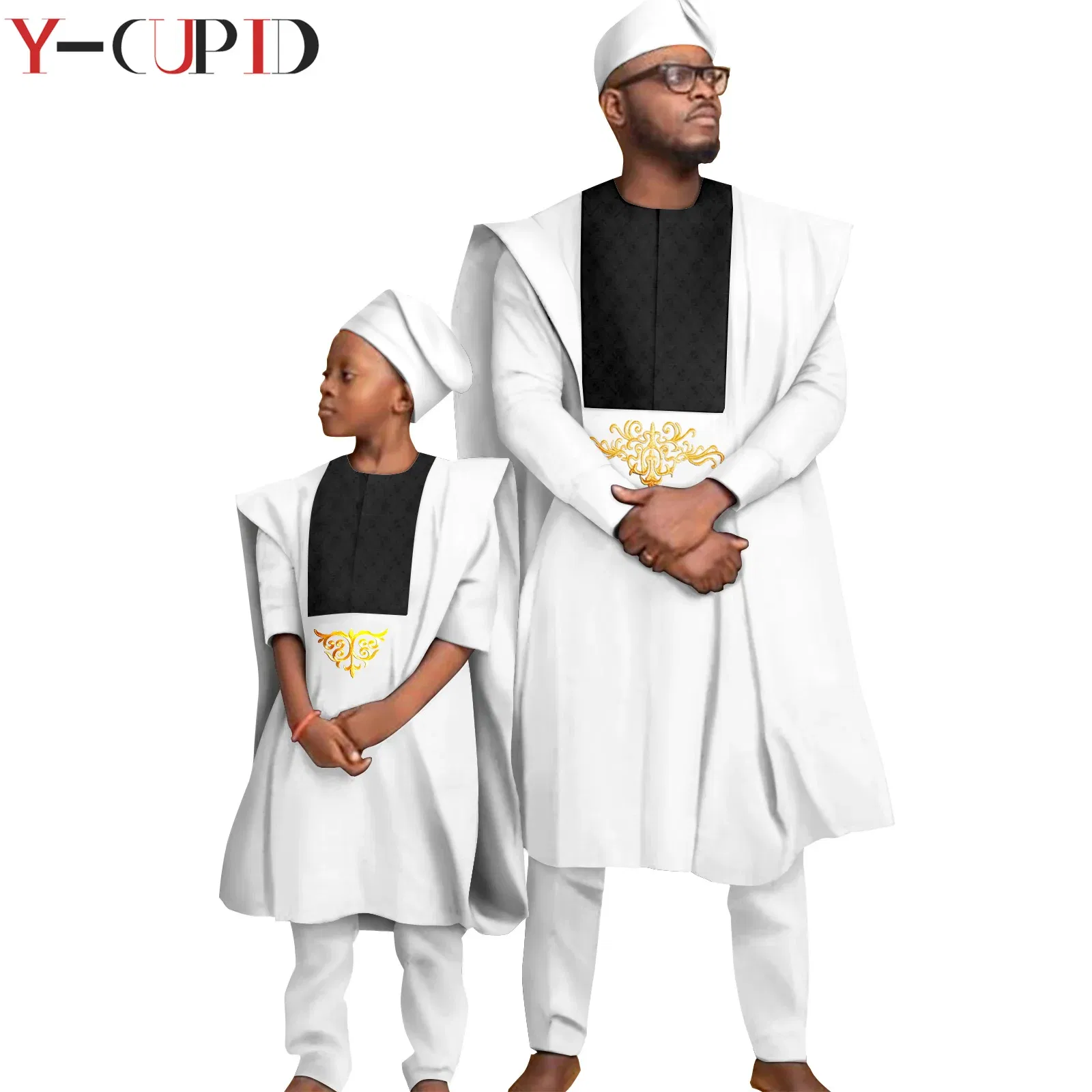 Color: army green, Size: S - African Clothes for Men Top Pants Robes Hat Sets Match Kid Boy Sets Dashiki Father and Son Bazin Riche Family Outfits Y20F001