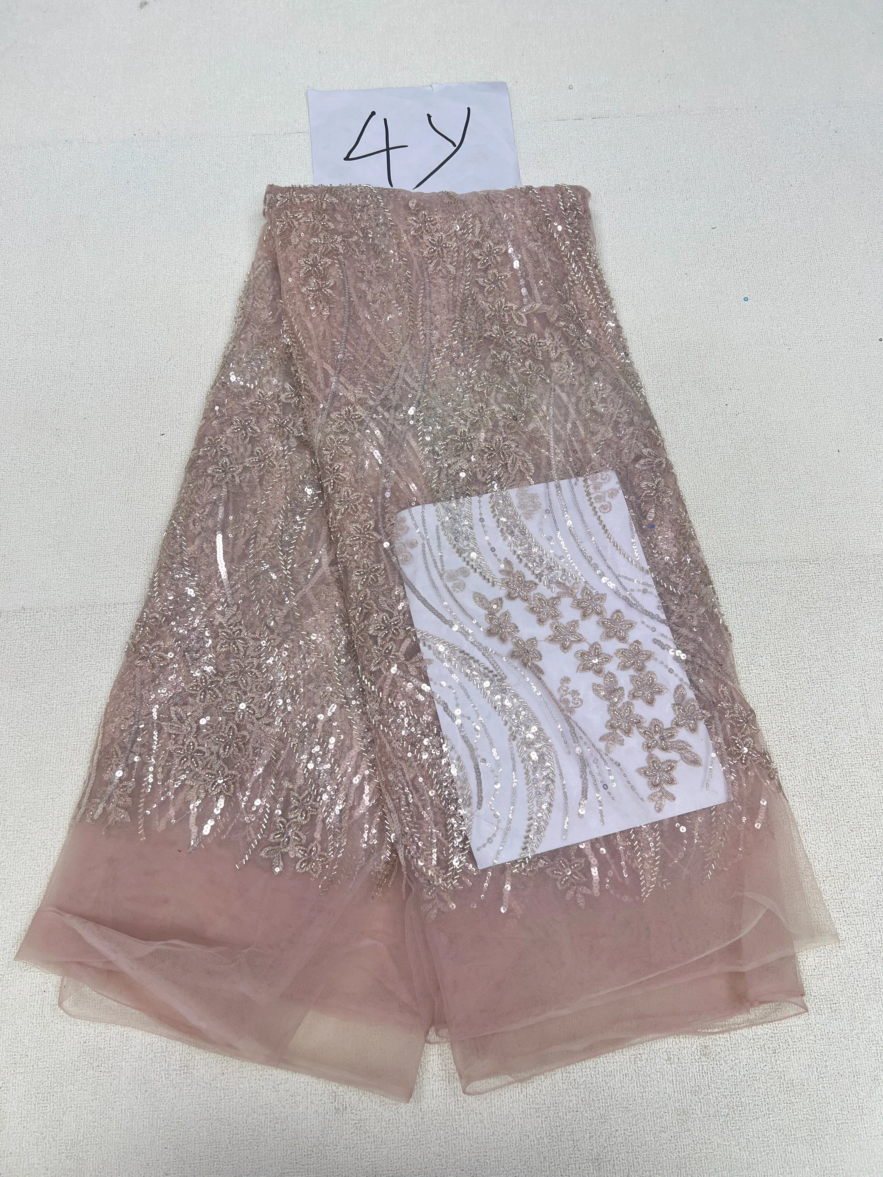 Color: Light Yellow, Length: 5 yards, Width: 120cm - 2025 African Nigerian Tulle Lace Fabric Sequins Sewing Guipure Beads Stone Embroidery Dresses High Quality 4 Yards
