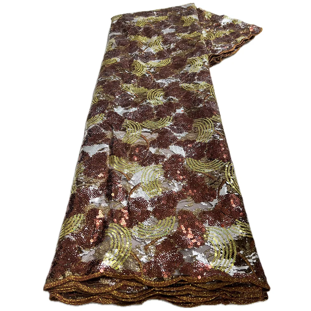Color: Light Yellow, Length: 5 yards, Width: 120cm - 2025 African Nigerian Tulle Lace Fabric Sequins Sewing Guipure Beads Stone Embroidery Dresses High Quality 4 Yards