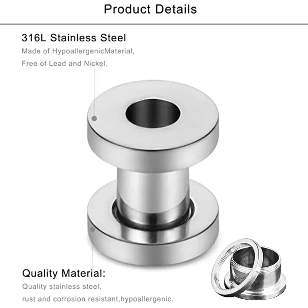 Metal color: Imitation Rhodium Plated, Main Stone Color: Blue - 2PCS Multi Color Steel Screw Fit Tunnel Ear Plug Stretcher Gauge 3-25mm Ear Lobe Tunnel Expander
