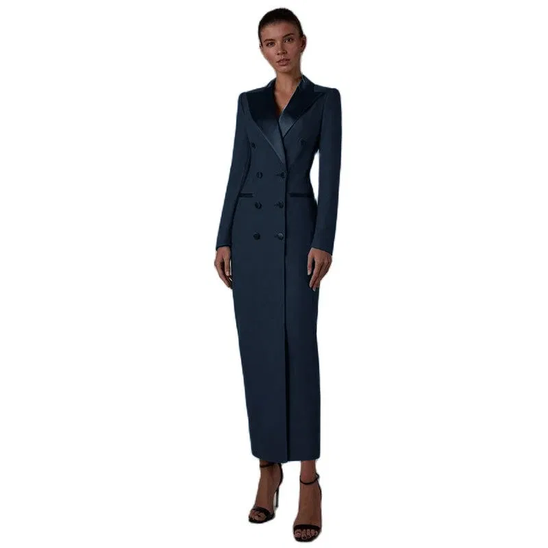 Color: Navy Blue, Size: 4XL - Women's Suit Long Jacket One Piece Blazer Double Breasted Formal Tuxedo Party Dress кос?‚юм ?¶?µнский