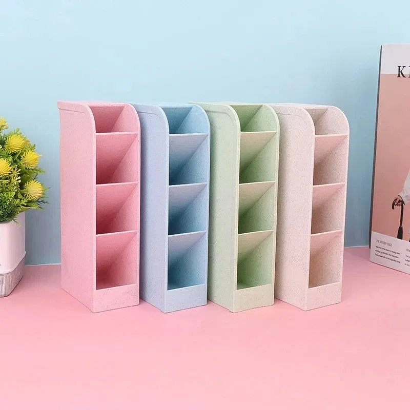 Color: plum - Multi-function 4 Grid Desktop Pen Holder Office School supplies Storage Case eco-friendly wheat straw Desk Pencil Organizer