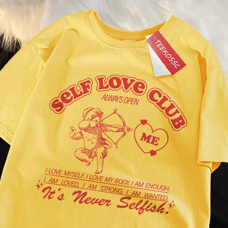 Color: Pink, Size: M - Self Love Club Fun Cupid Men Women T Shirts Breathable Street Tee Clothes Cotton Summer Fashion Loose Casual Oversized T Shirt