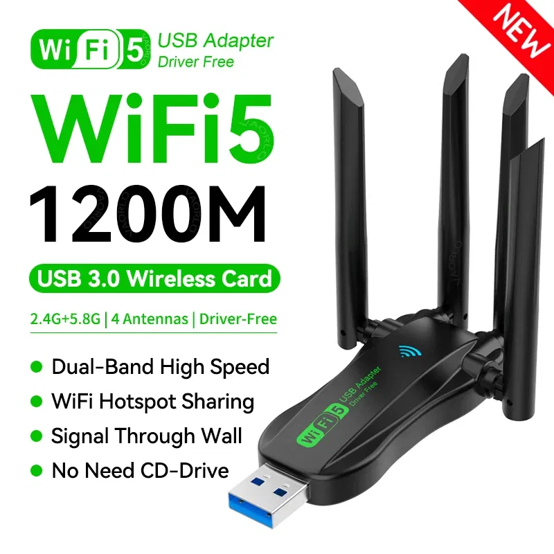Color: WHITE - 1200Mbps WiFi USB Adapter Dual Band 2.4G+5Ghz Wi-Fi Dongle 4 Antenna 802.11AC USB3.0 High-Speed Wireless Card Receiver PC/Laptop