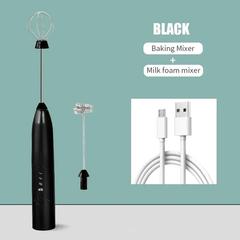 Color: black - 2 in 1 USB Rechargeable Electric Egg Beater Whisk Coffee Mixer Double Heads Milk Frothers  Baking Stirrer Kitchen Gadgets