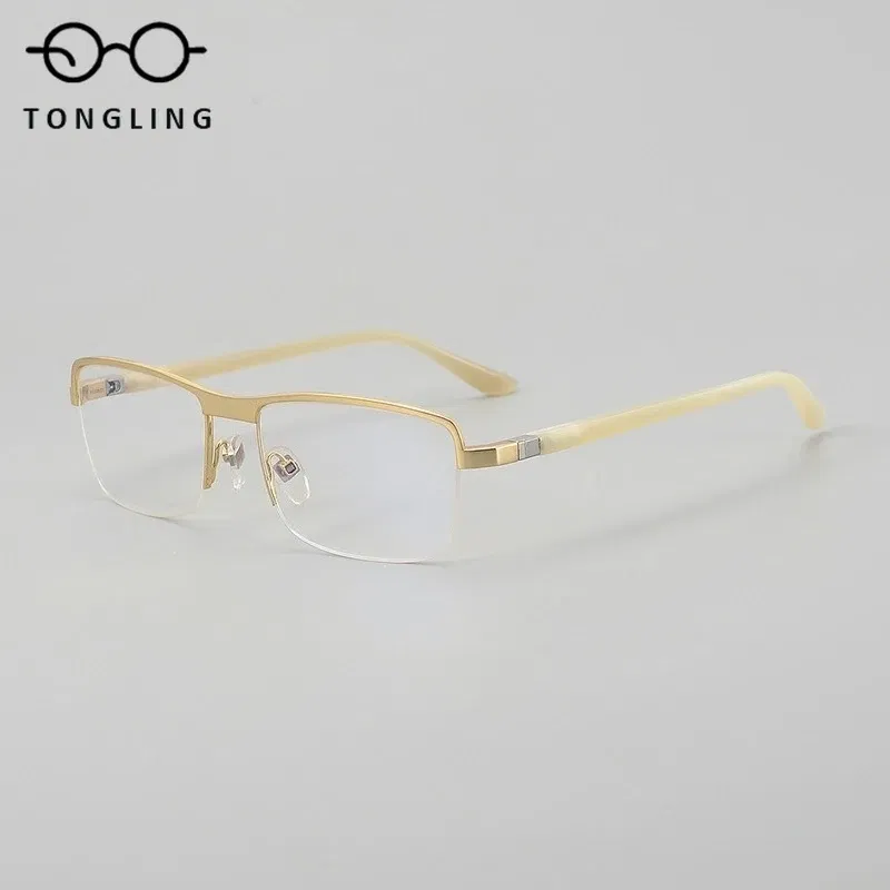2025New highend pure titanium buffalo horn glasses leg business men casual halfframe glasses support custom prescription glasses