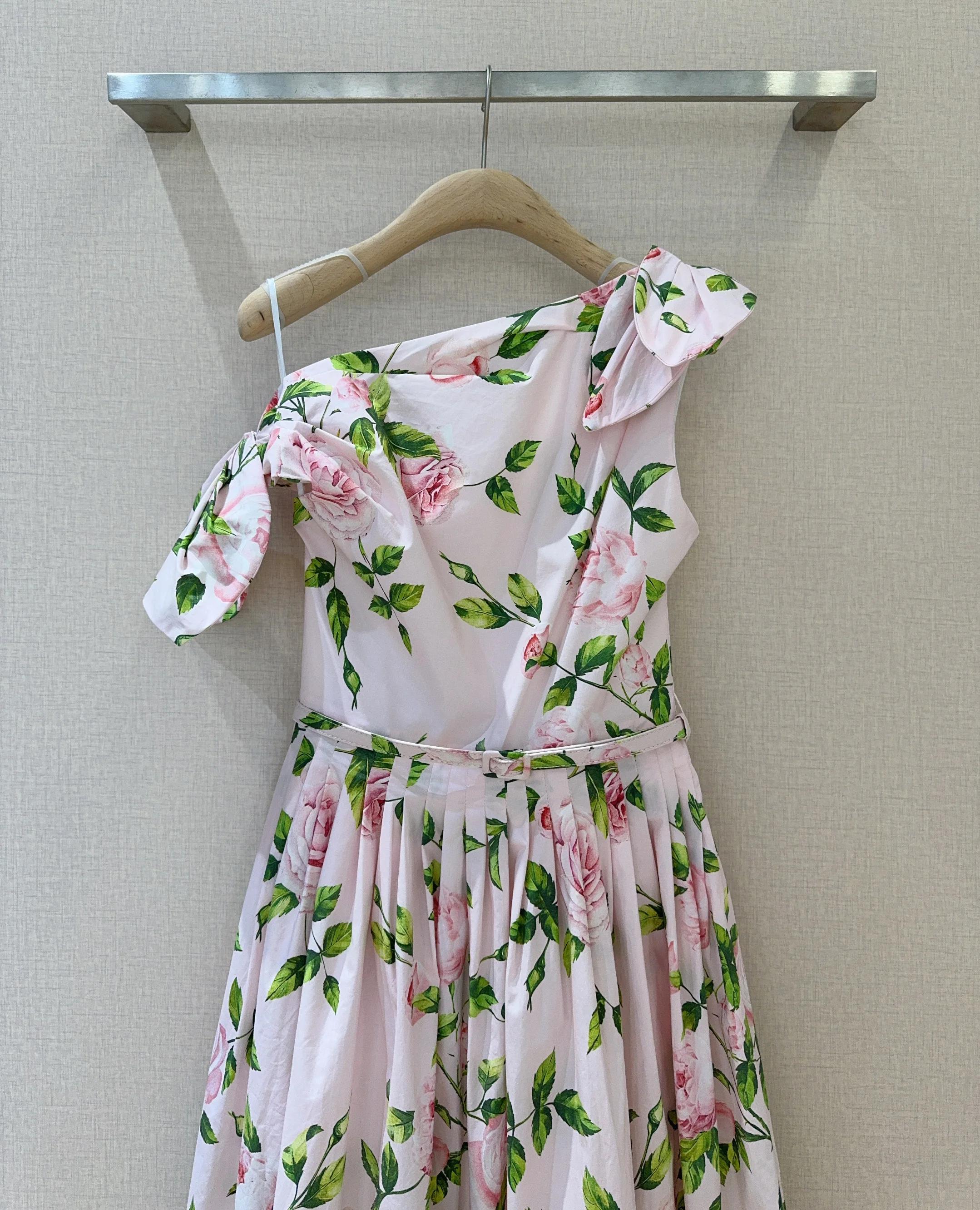 AELESEEN 100% Cotton Summer Dress Women One Shoulder Pink Flower Print Bow Elegant Long Party Elegant Poplin Vacation Holiday