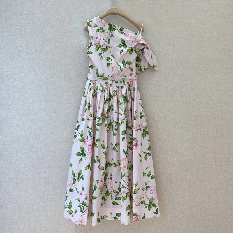 AELESEEN 100% Cotton Summer Dress Women One Shoulder Pink Flower Print Bow Elegant Long Party Elegant Poplin Vacation Holiday