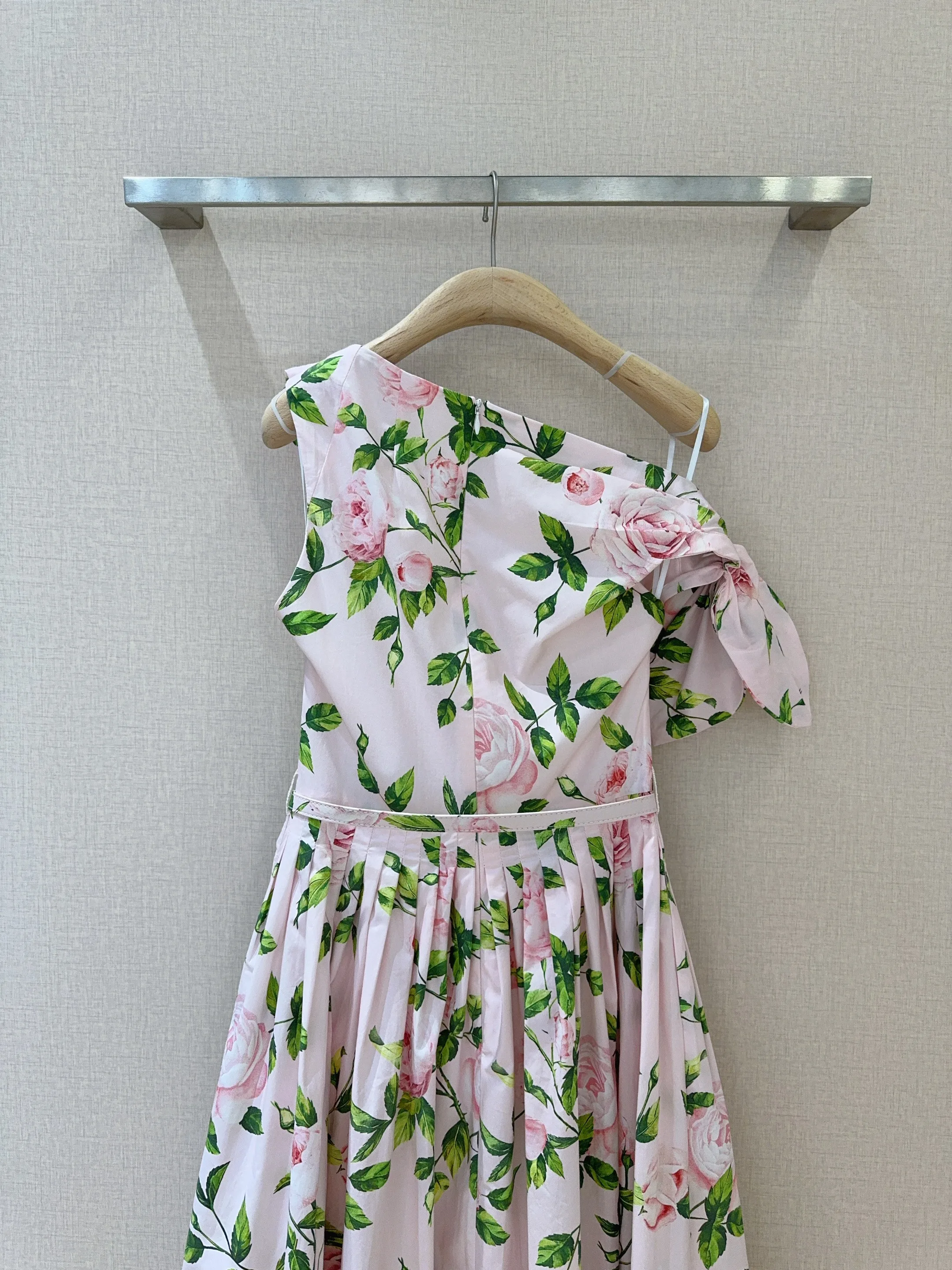 AELESEEN 100% Cotton Summer Dress Women One Shoulder Pink Flower Print Bow Elegant Long Party Elegant Poplin Vacation Holiday