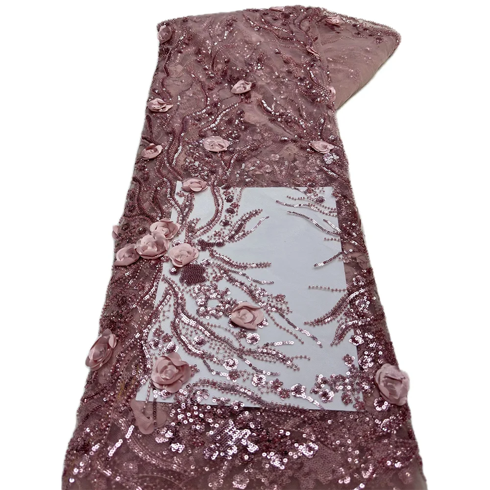Color: BROWN, Length: 5 yards, Width: 120cm - 2.5 yards African Sequins Beaded Groom Lace Fabric High Quality French Tulle Lace Fabric Embroidery Nigerian Lace Fabrics Sewing
