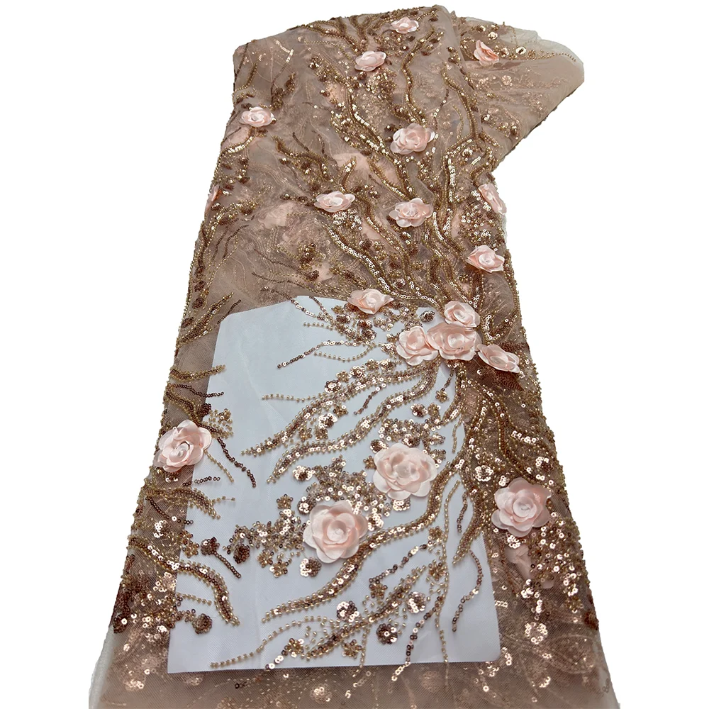 Color: BROWN, Length: 5 yards, Width: 120cm - 2.5 yards African Sequins Beaded Groom Lace Fabric High Quality French Tulle Lace Fabric Embroidery Nigerian Lace Fabrics Sewing