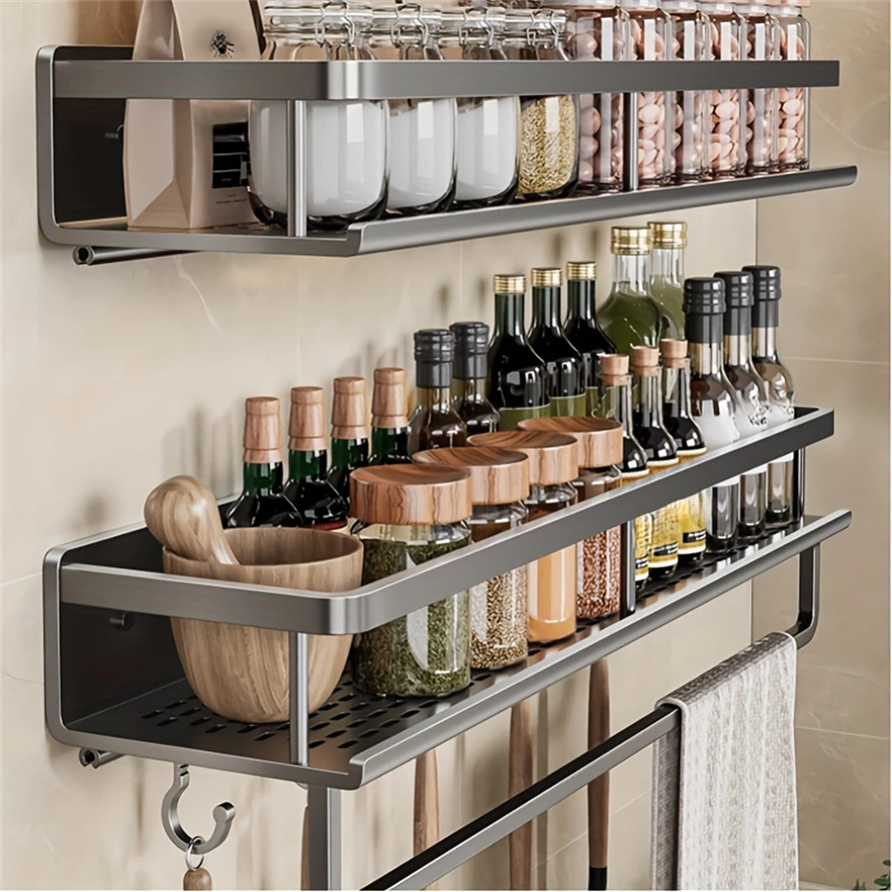 Color: Chocolate - Multifunctional Kitchen and Bath Tray Wall-Mounted Aluminum Storage Rack Seasoning Bottle Storage Shelf Kitchen Storage Hooks