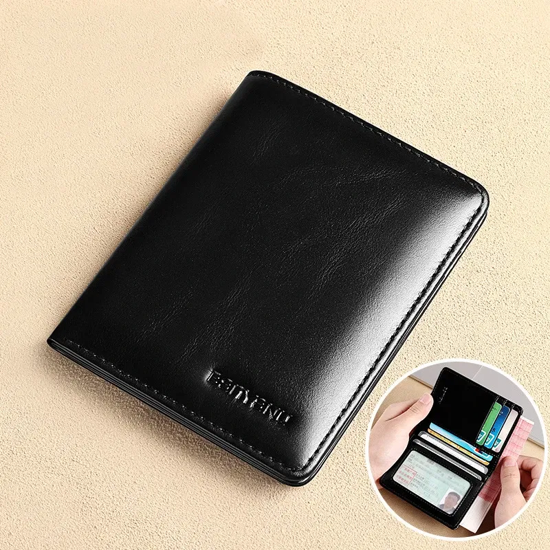 Color: black - Simple Design Men Card Holder Purse Vertical Slim Money Clip Genuine Leather Wallet for Men Anti RFID
