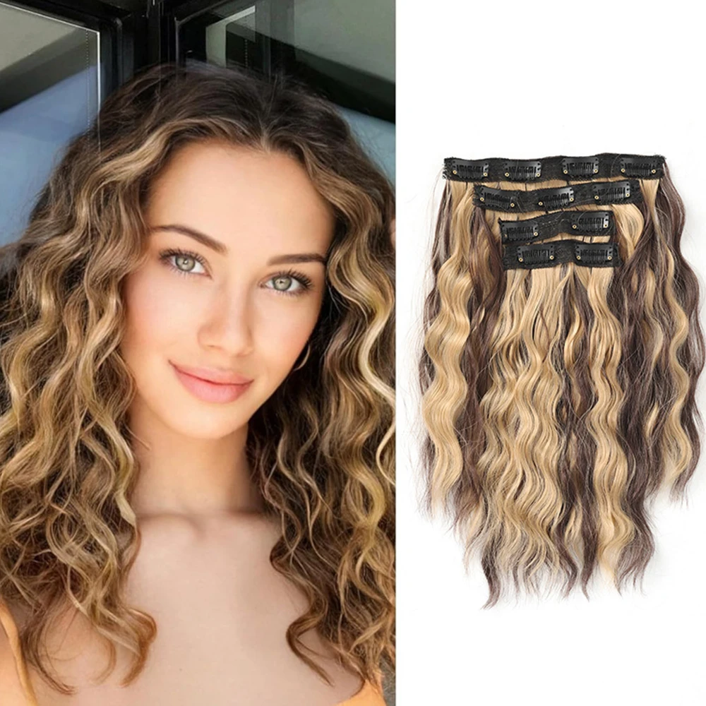 Color: T1B/613, Stretched Length: 16inches - Clip in Hair Extensions for Women 4PCS 12 Inch Short Curly Wavy Invisible Thick Hairpieces Synthetic Fiber Double Weft Hair