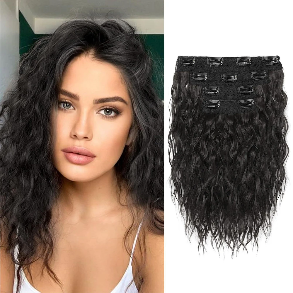 Color: T1B/613, Stretched Length: 16inches - Clip in Hair Extensions for Women 4PCS 12 Inch Short Curly Wavy Invisible Thick Hairpieces Synthetic Fiber Double Weft Hair