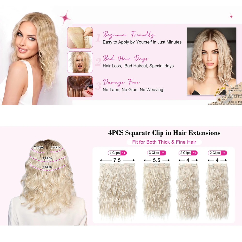Color: T1B/613, Stretched Length: 16inches - Clip in Hair Extensions for Women 4PCS 12 Inch Short Curly Wavy Invisible Thick Hairpieces Synthetic Fiber Double Weft Hair