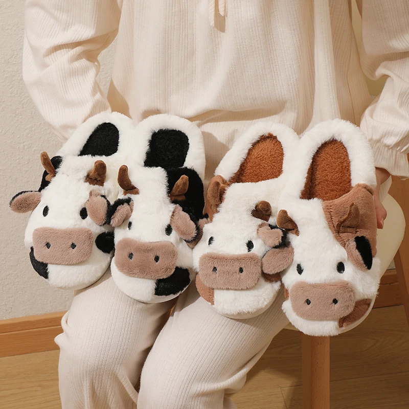 Color: Khaki, Shoe Size: 42 - New Winter Unisex Cartoon Cow Warm Plush Slippers Couple's Indoor Non-slip House Mule Men And Women Toe Wrap Home Cotton Shoes
