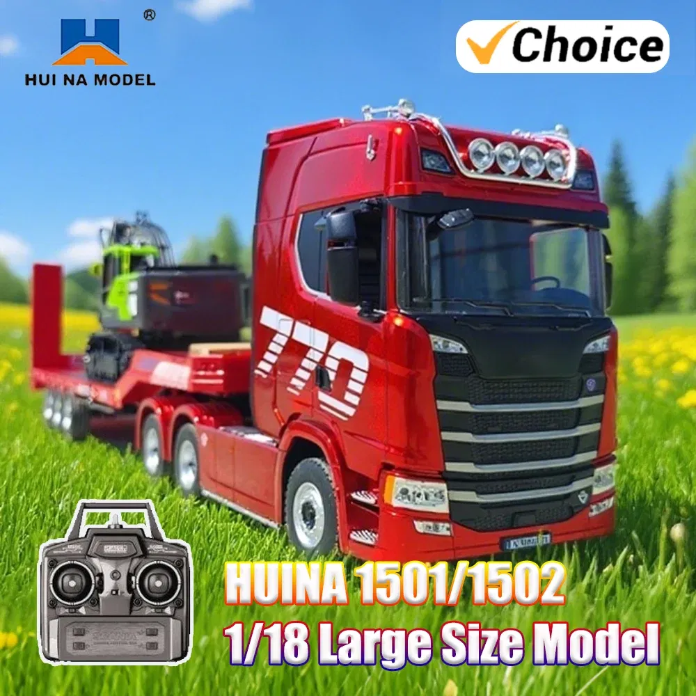 Color: Red - Huina 1501 RC Car 770S RC Alloy Tractor Truck 1/18 19CH 2.4G Engineering Trailer Truck with Light and Sound Toys for Boys Gifts
