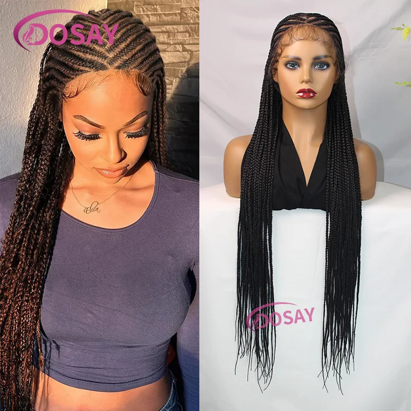 36" Synthetic Wear And Go Glueless Braided Wigs For Women Knotless Full Lace Wig Box Braid Wig African Cornrow Braids Lace Wigs