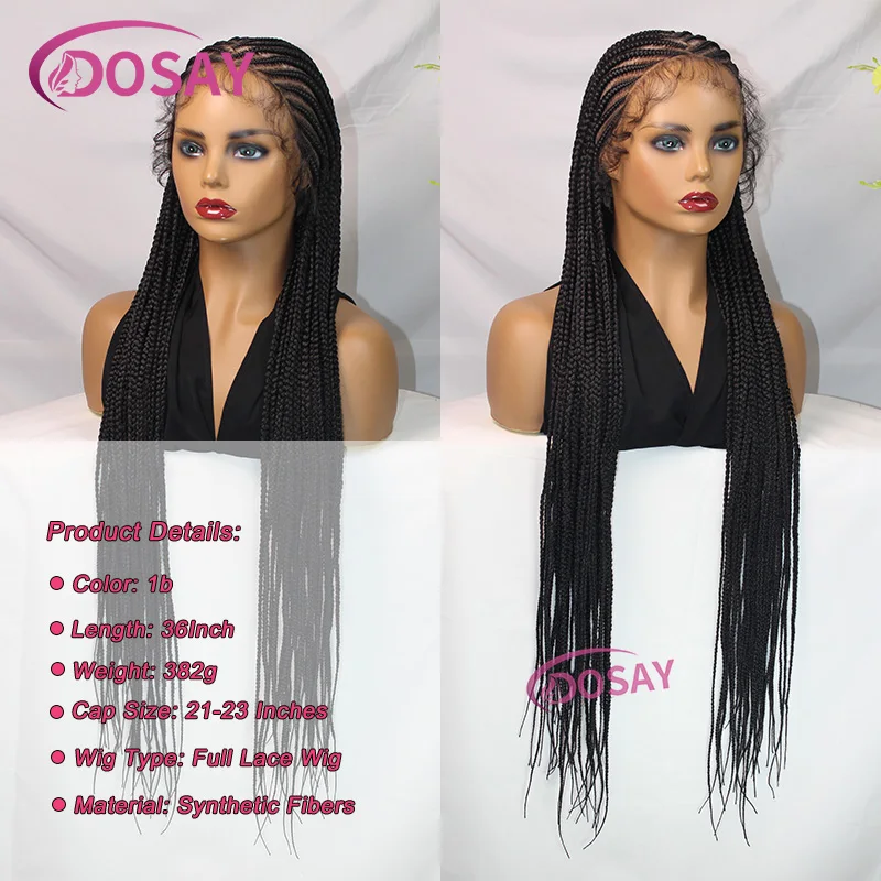36" Synthetic Wear And Go Glueless Braided Wigs For Women Knotless Full Lace Wig Box Braid Wig African Cornrow Braids Lace Wigs