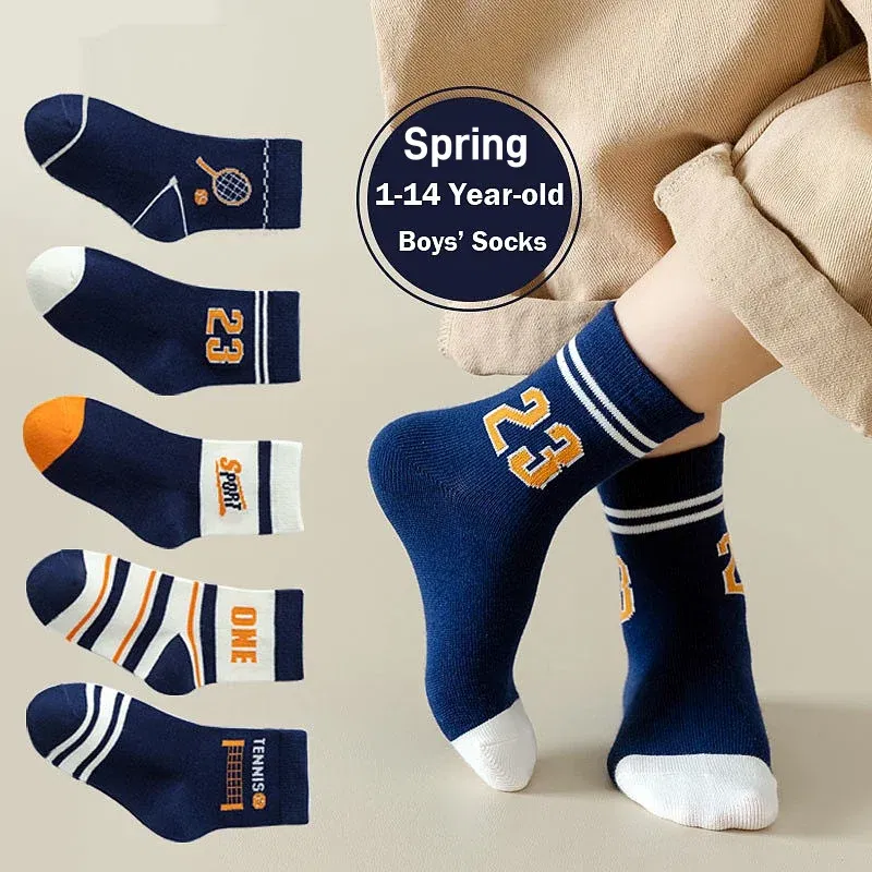 Color: Beige, Size: 4-6T - Autumn Children's Socks Little Big Boys Cotton Socks Baby Cartoon Pattern Medium Sock 5 Pairs/bag