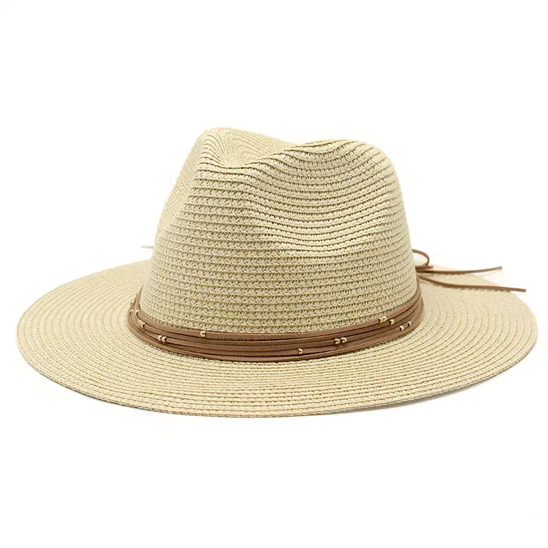 Color: PURPLE, Size: L - Big Size 60CM New Straw Hat 7cm Brim Summer Cooling Beach Sun Hat Outdoor Party Panama Jazz Hat Sombreros De Mujer