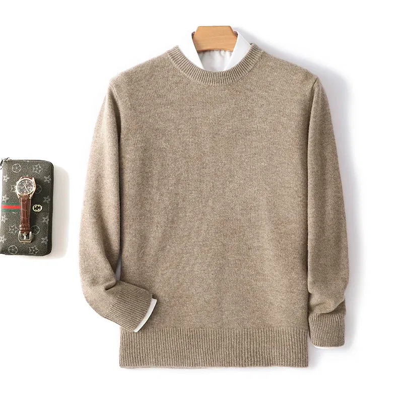 Color: Khaki, Size: L, Ships From: CHINA - Men's 100% Pure Wool Cashmere Sweater O-Neck Pullover Knit Sweater Autumn and Winter New Long Sleeve High-End Jumpers Thick Tops
